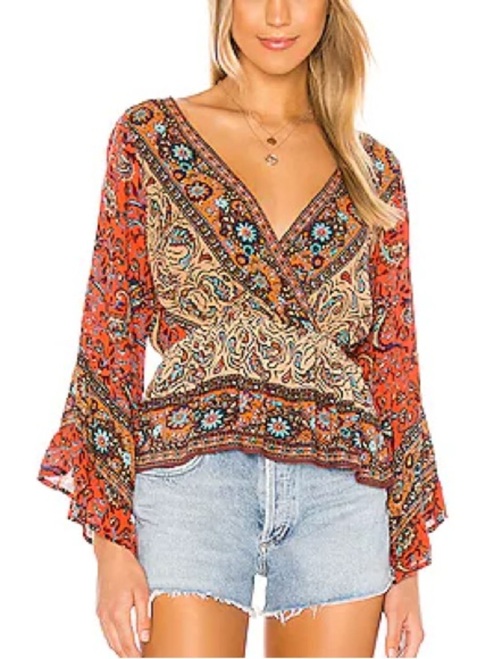 Free People Rosalie Boho Paisley Wrap Front Blouse Size Small 57069